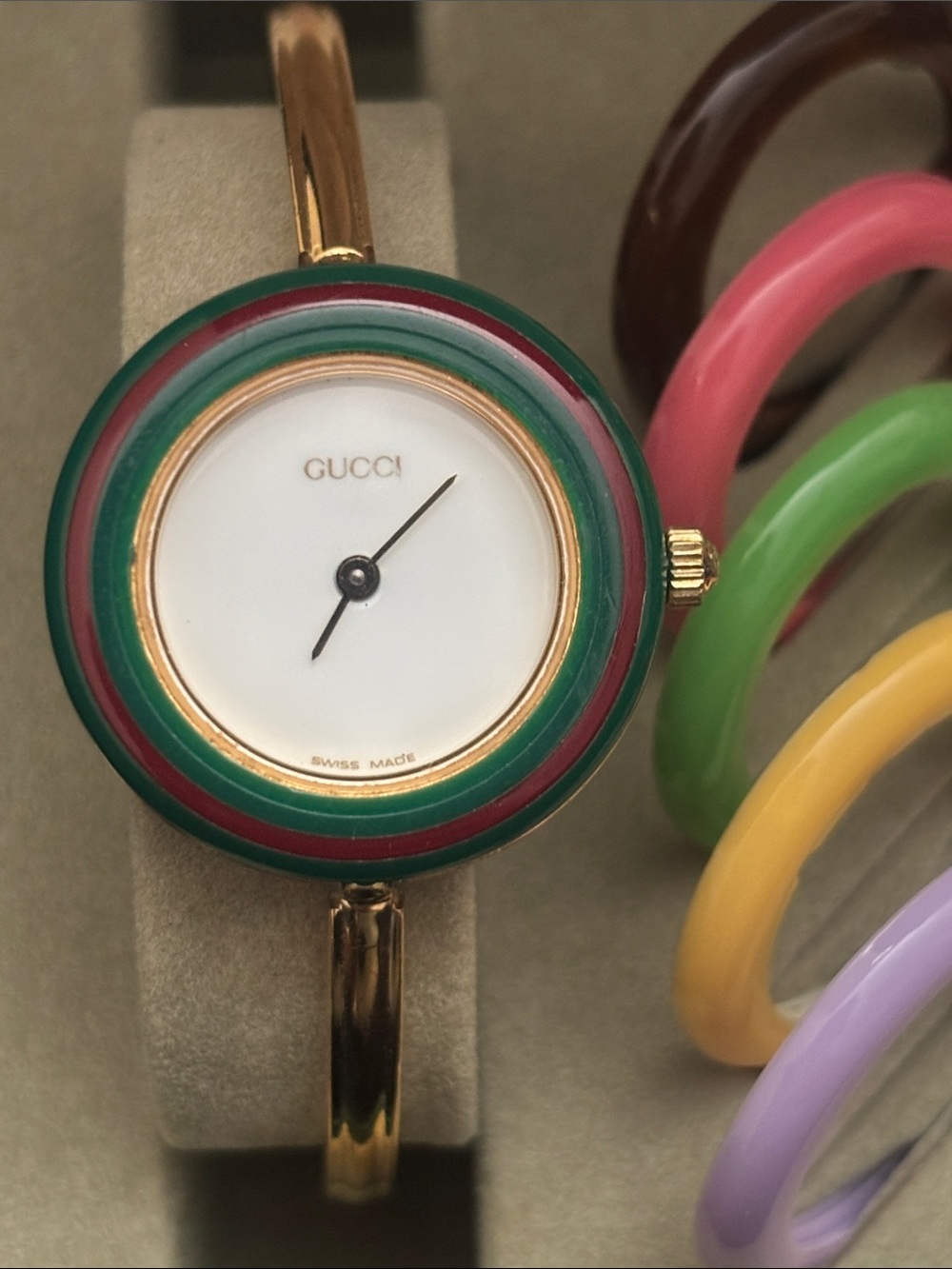 Gucci Women's Gold Bracelet Watch with Green and Red Bezel